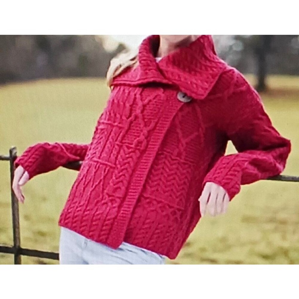 NEW Aran Crafts Ireland One Button Cardigan Patchwork Knit Dk Red Merino Wool XS